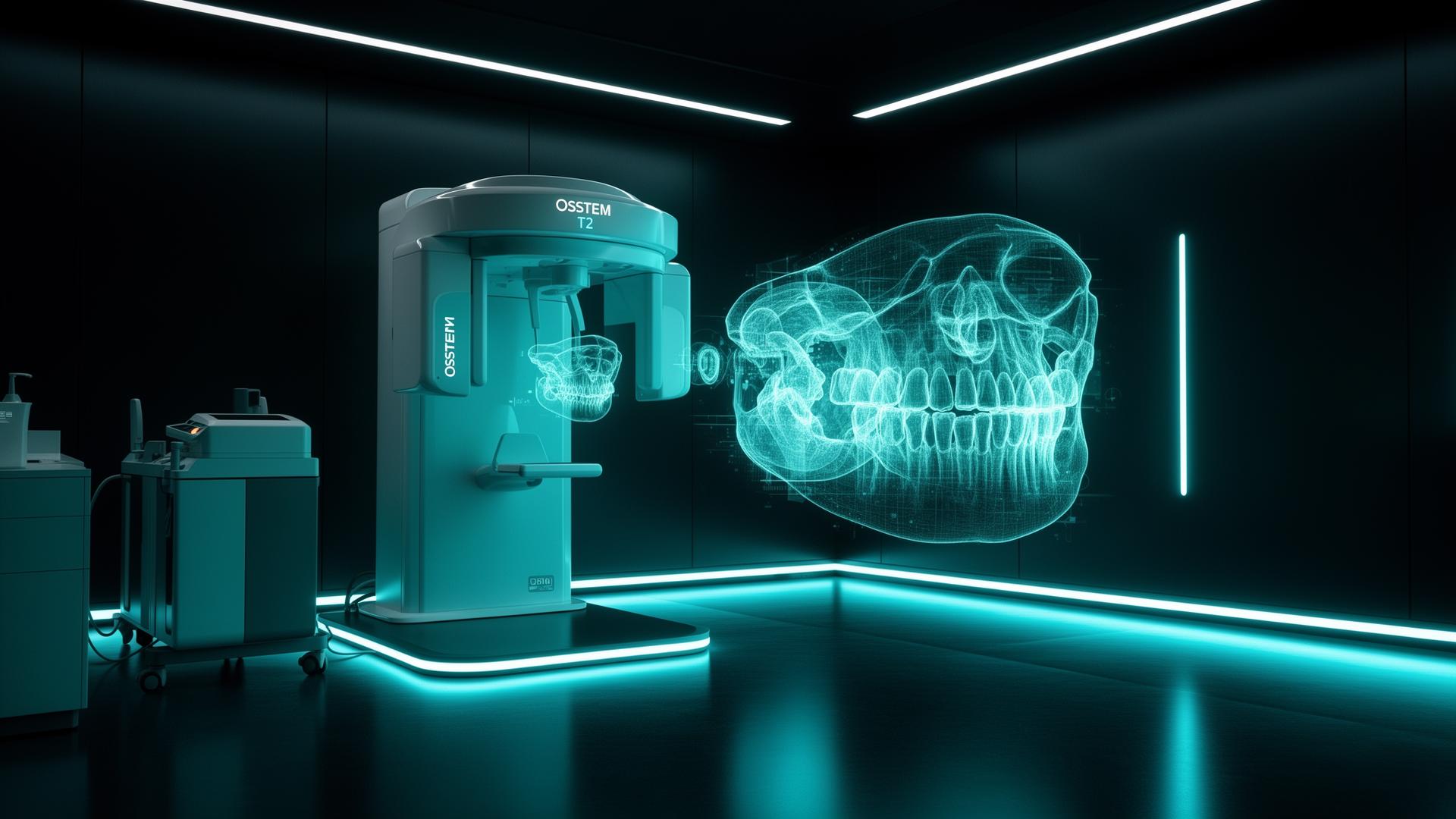 Tomógrafo Osstem T2 CBCT con proyección holográfica de cráneo